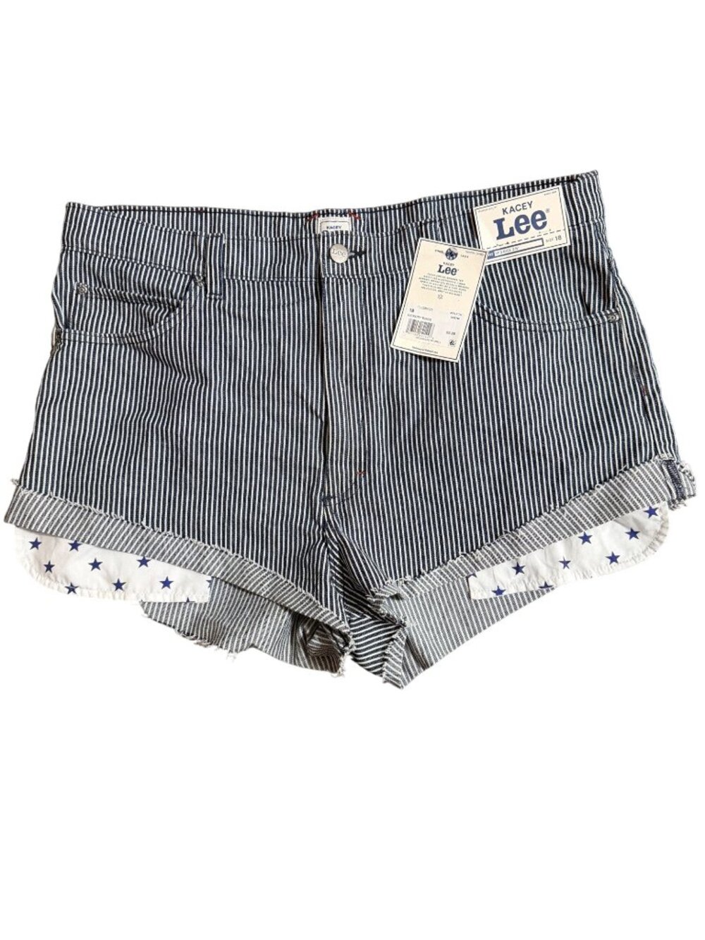 Kacey Lee Womens Mid Rise 2.5" Denim Shorts Hickory Rinse Blue Stripe Size 18 NW